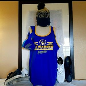 New MLB Milwaukee Brewers Tank Jersey + Fanny Pack + Beanie Hat